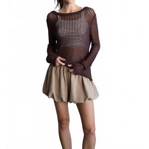 NEW ELLE GREY open-knit crochet sweater top in dark brown